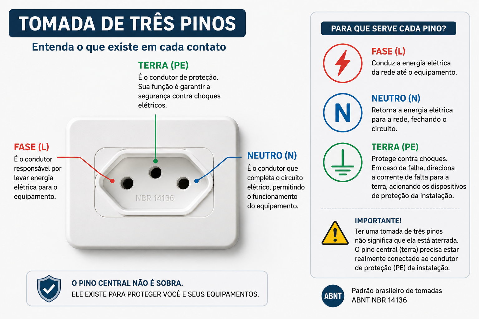 Tomada de três pinos — para que serve cada contato: fase, neutro e terra