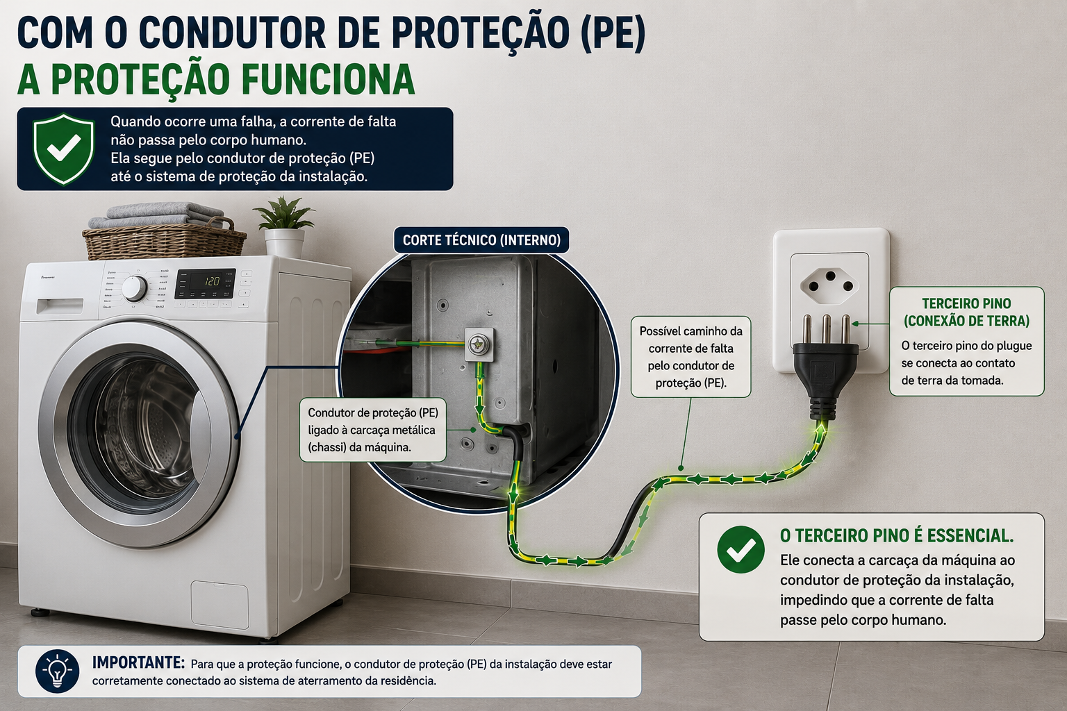 Com o condutor de proteção PE conectado — a proteção funciona corretamente