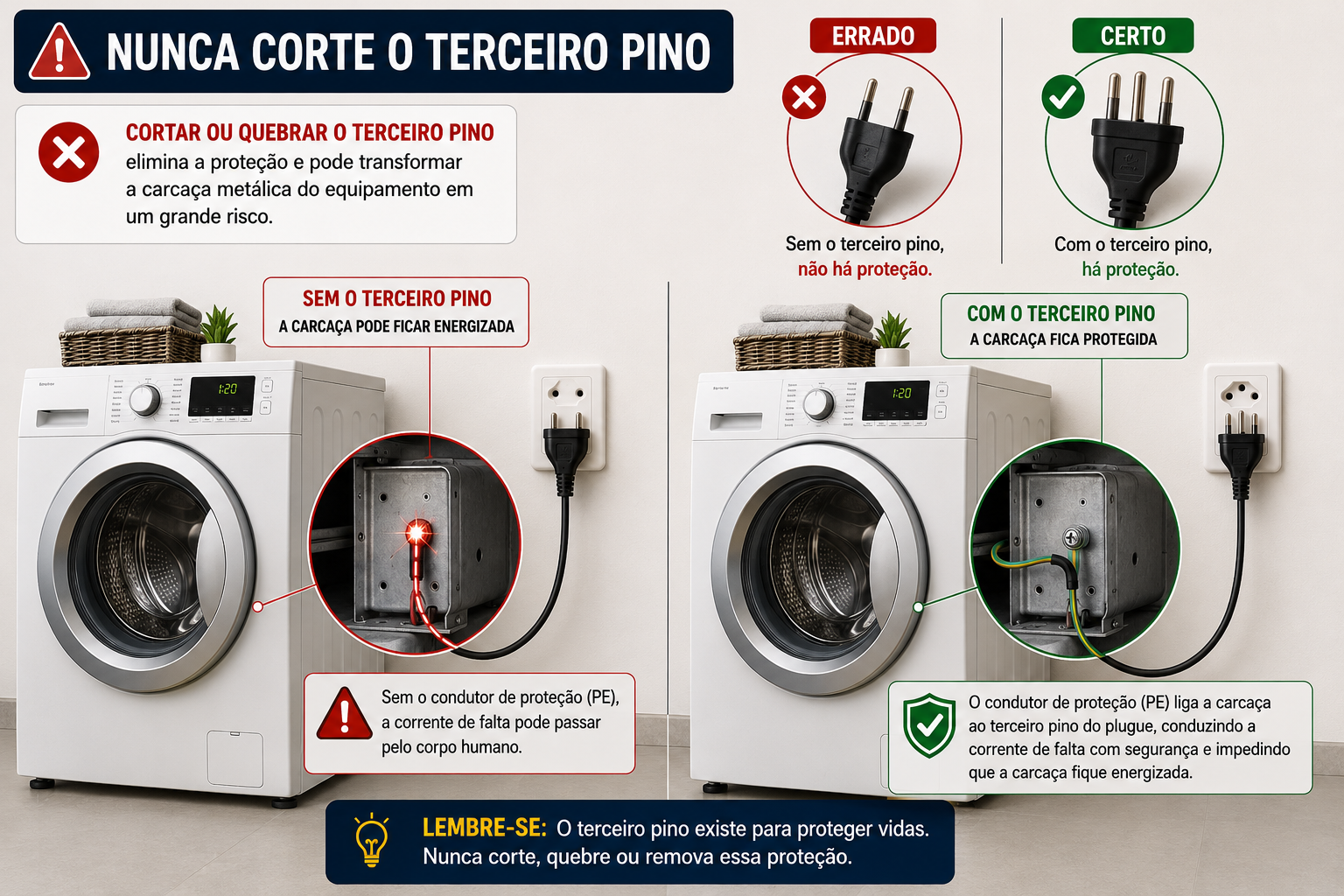 Nunca corte o terceiro pino — comparação entre plugue errado sem terceiro pino e plugue correto com terceiro pino