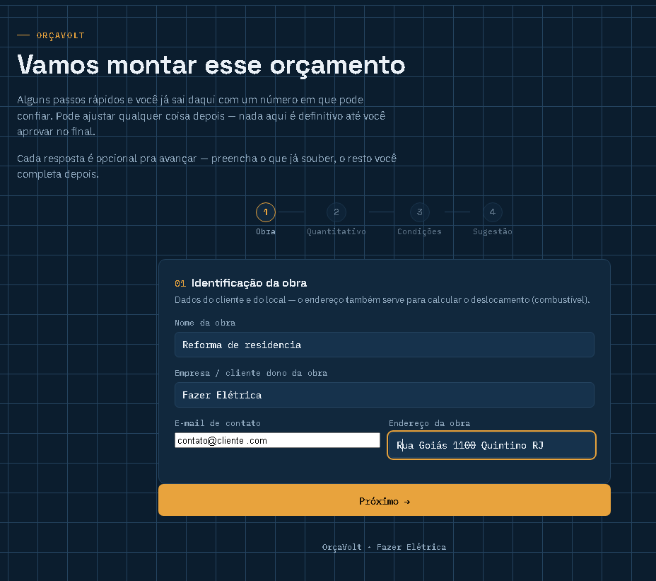 Tela do OrçaVolt para identificação da obra