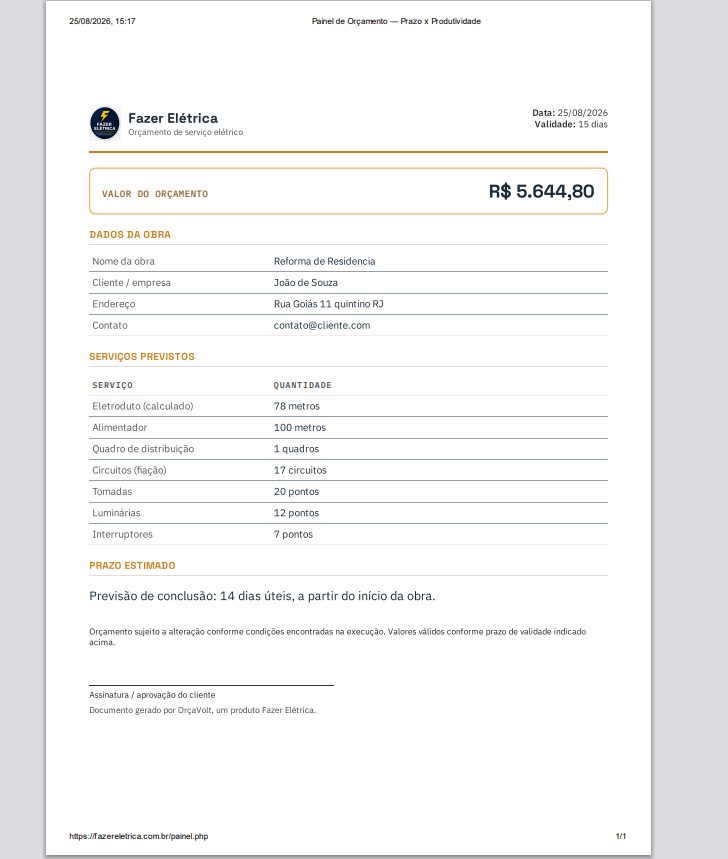 Orçamento gerado em PDF pelo OrçaVolt, pronto para enviar ao cliente